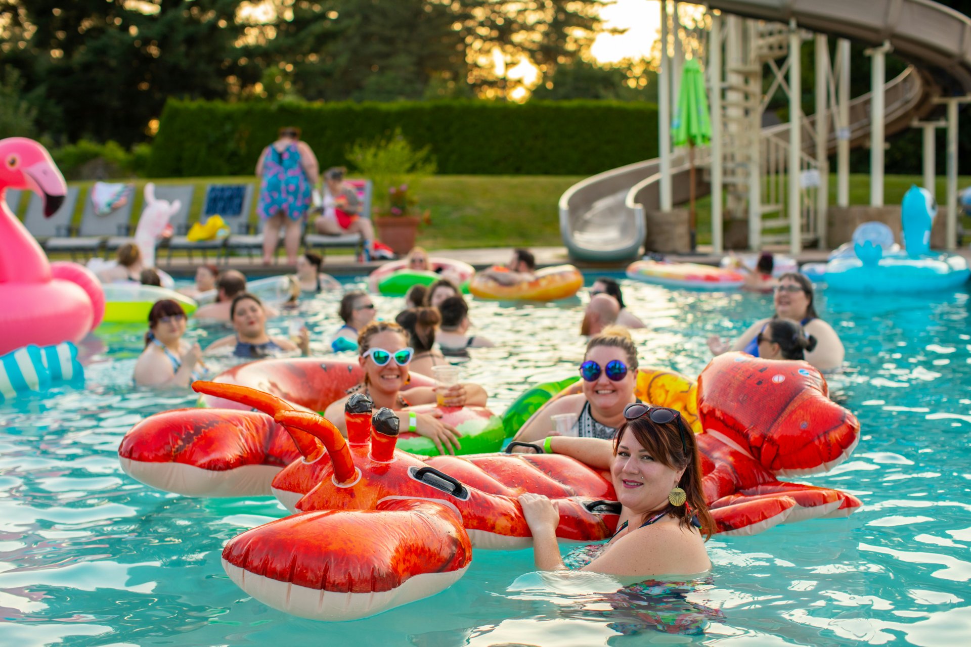 Summer essentials including inflatable flamingo and pool accessories
