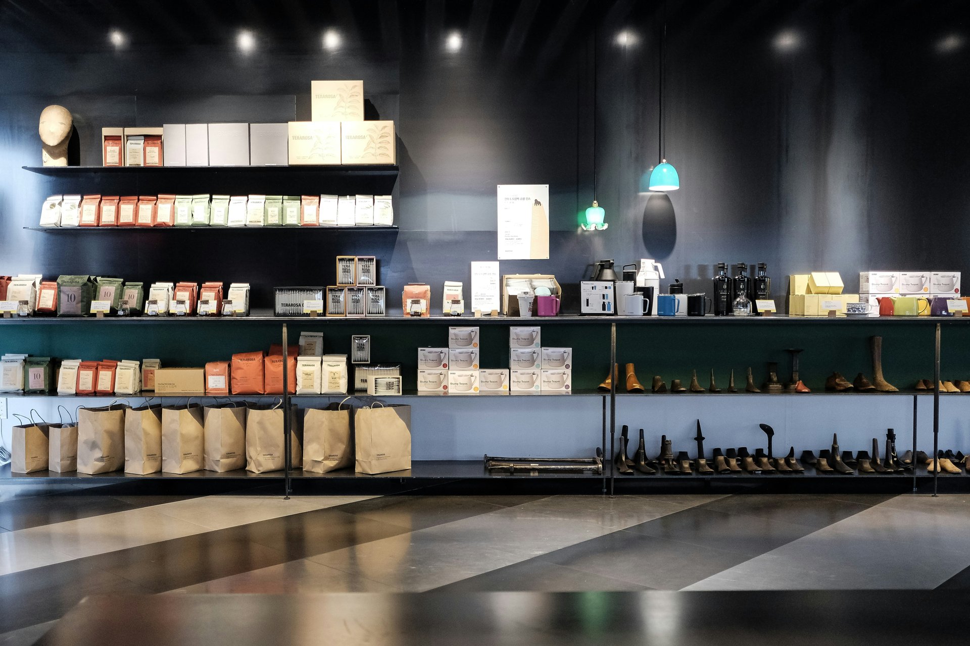 Shopping bags and retail products on display