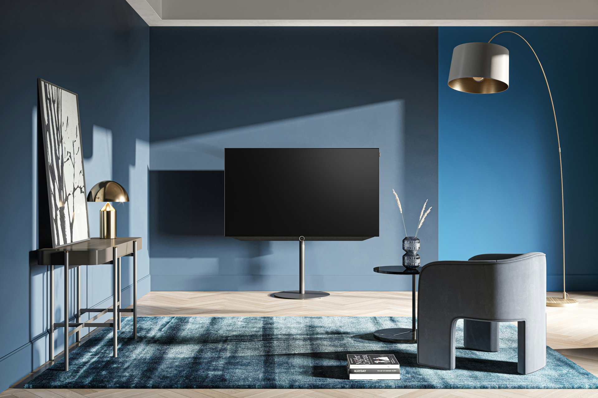 Modern living room with large TV on stand
