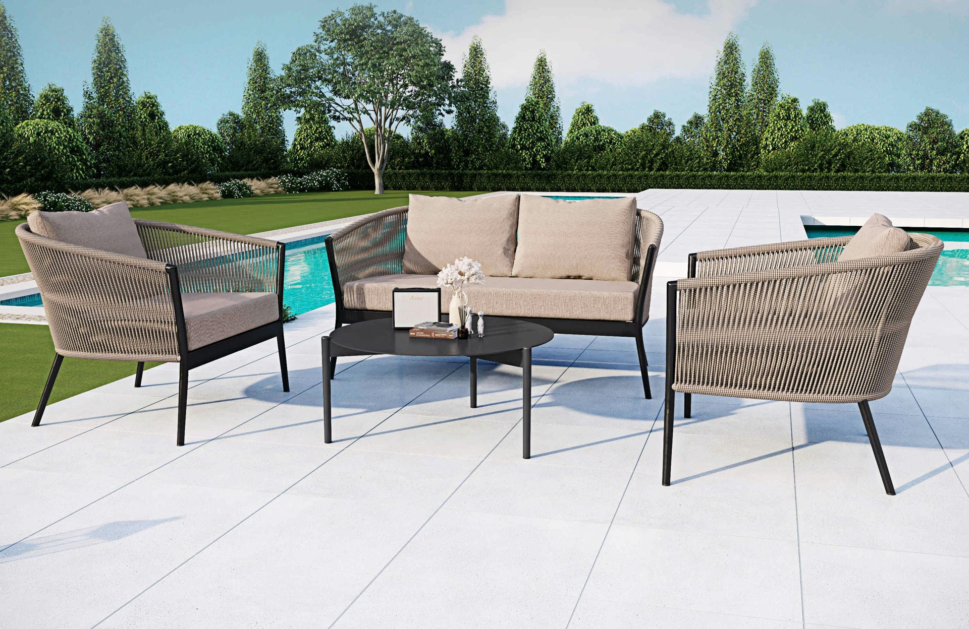 Garden patio furniture set with rattan chairs in sunny garden