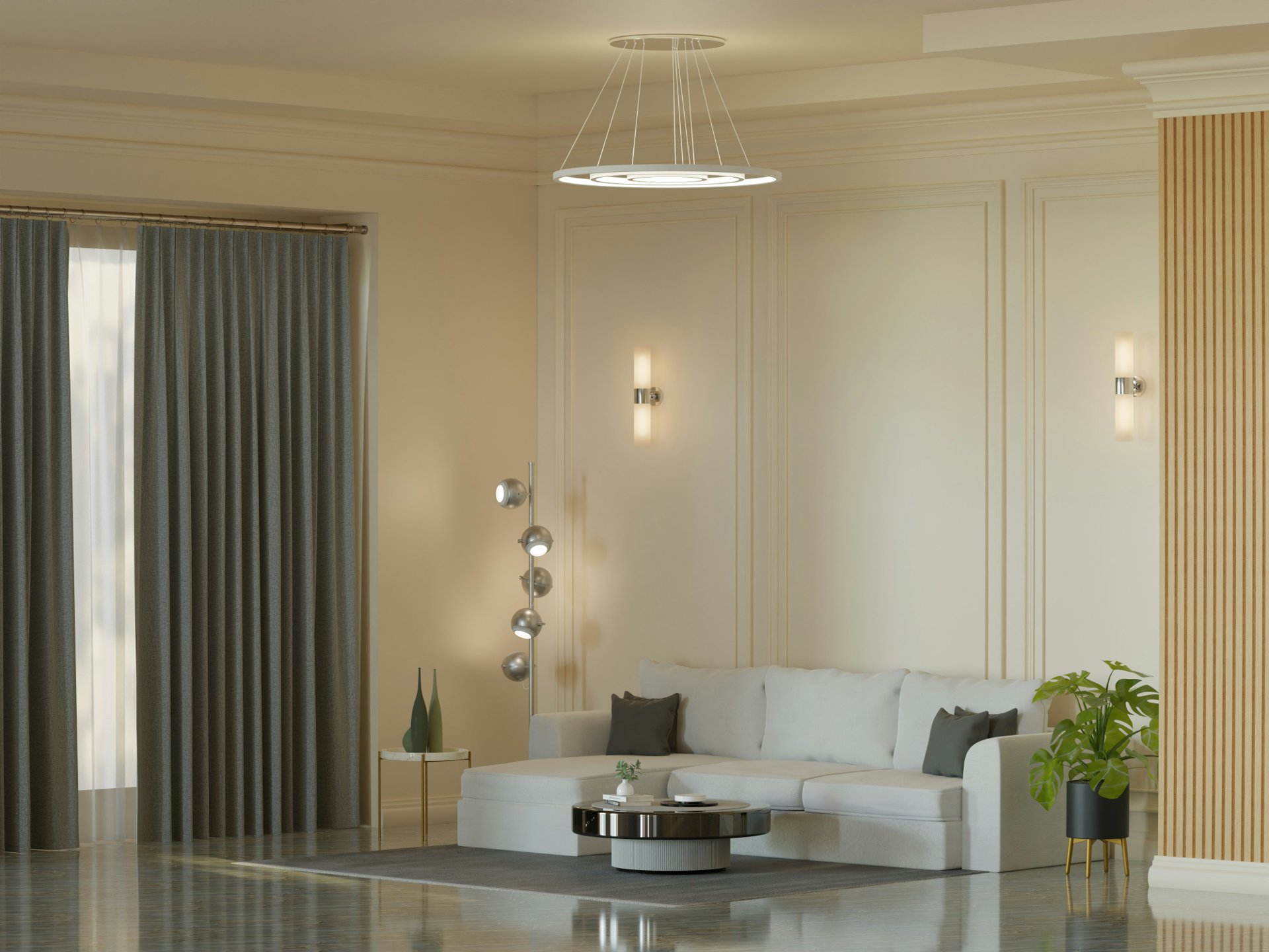 Modern living room with stylish sofa and home decor