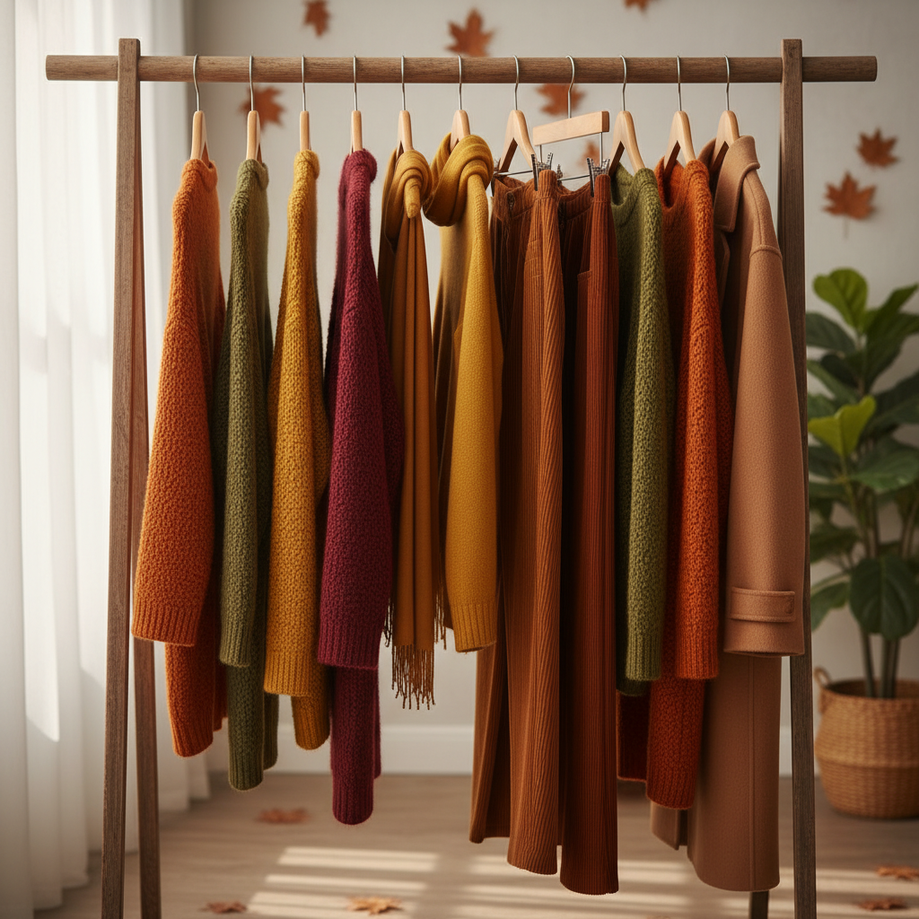 Elegant autumn fashion display with coats and knitwear in warm tones