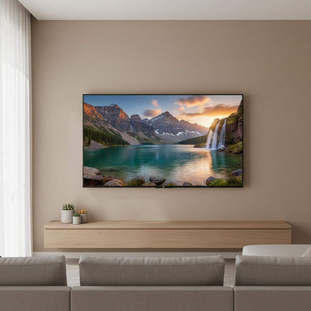Large 4K television mounted on wall displaying vivid landscape
