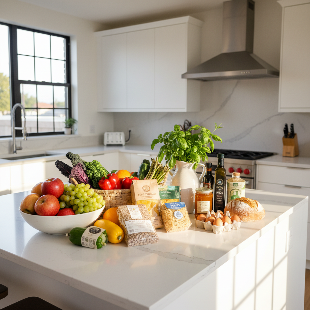 Fresh groceries and colourful vegetables on a bright kitchen counter