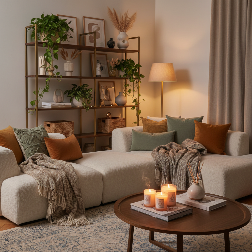 Cosy living room with stylish home decor candles cushions and plants