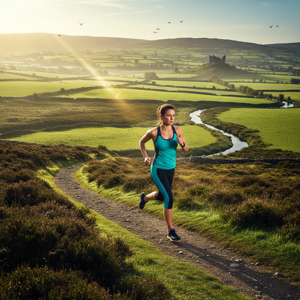 Athletic person running outdoors in Irish countryside wearing sportswear
