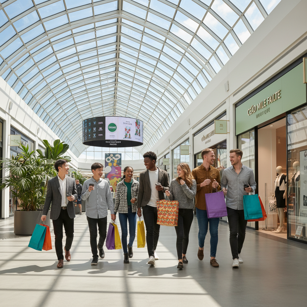 Diverse group of happy shoppers carrying colourful bags in a modern shopping mall