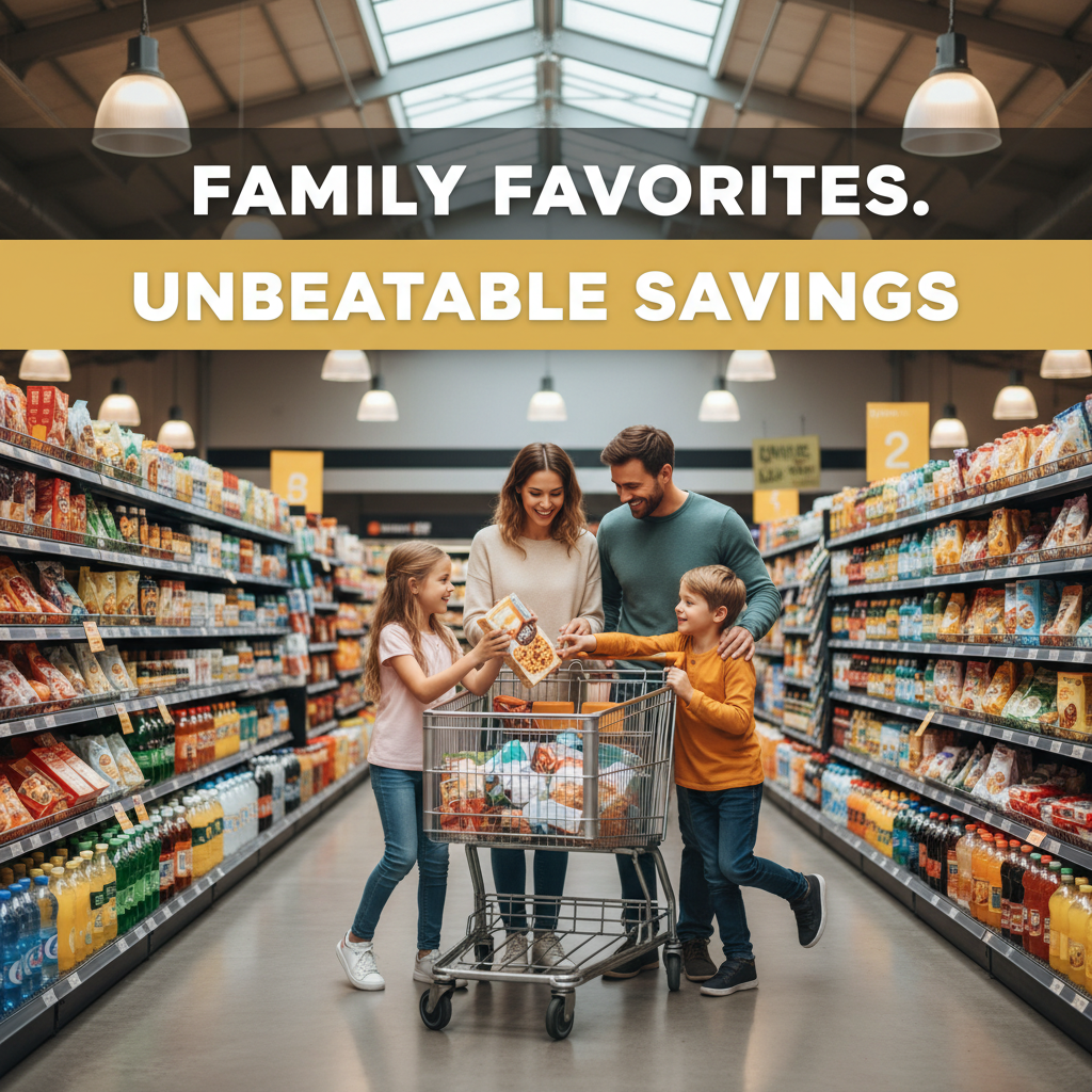 Happy family shopping together in a bright modern supermarket
