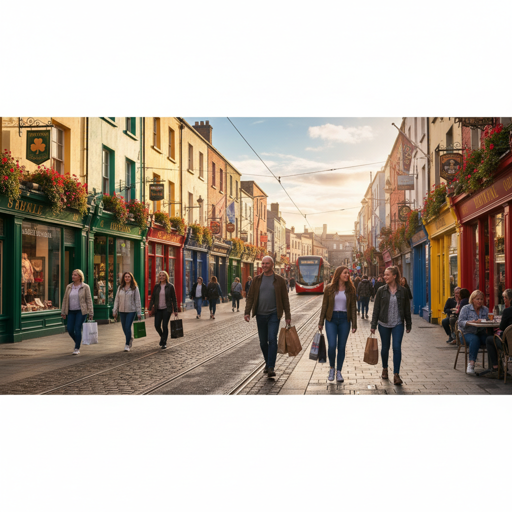 Vibrant Irish shopping street with colourful storefronts and people carrying shopping bags on a sunny day