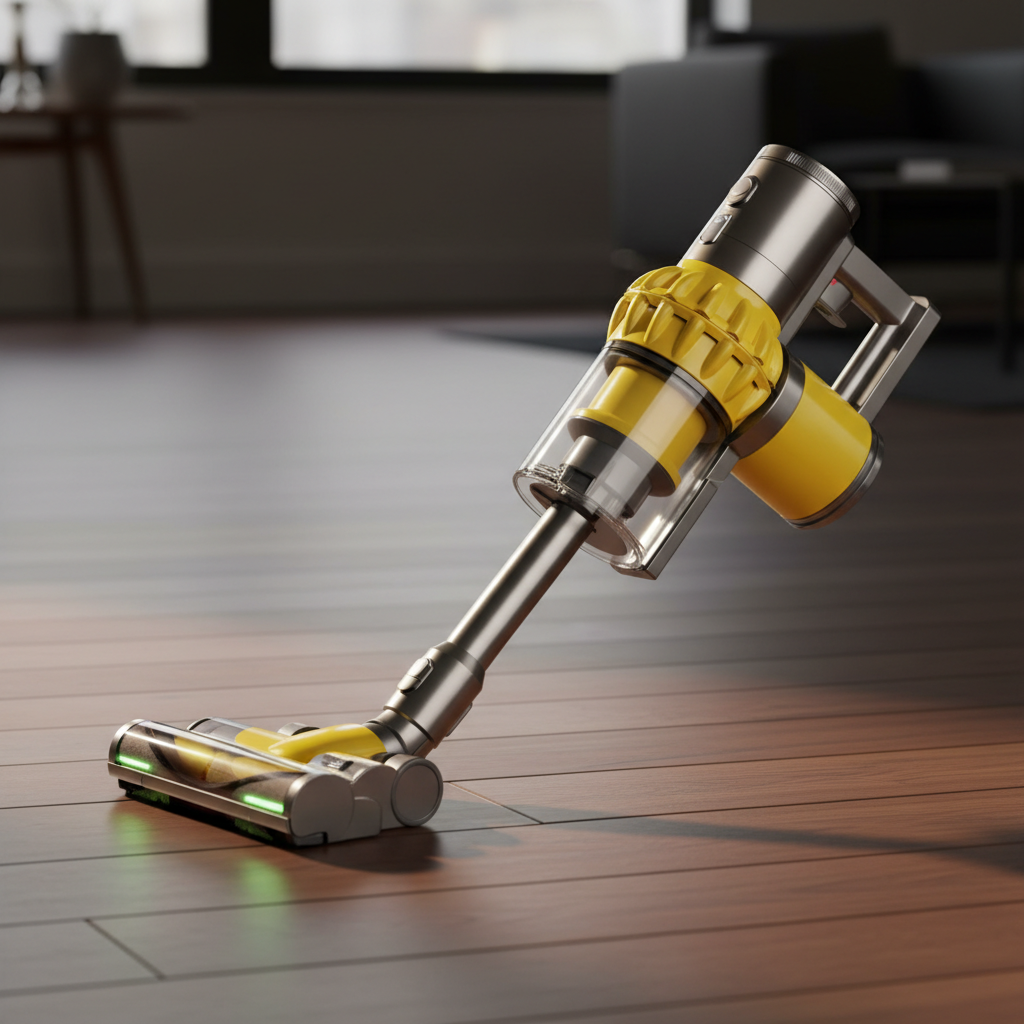Dyson cordless vacuum cleaner in yellow and silver on white floor