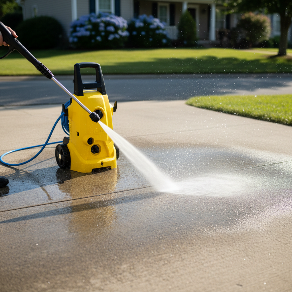 Yellow pressure washer being used to clean a driveway