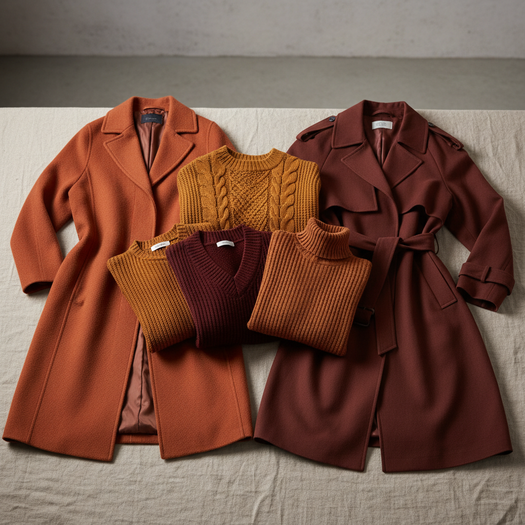 Autumn fashion collection with coats and knitwear in warm brown tones