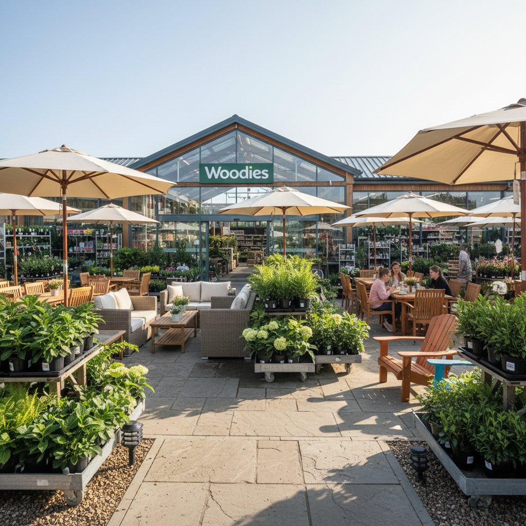 Woodies garden centre store with plants and outdoor furniture displays