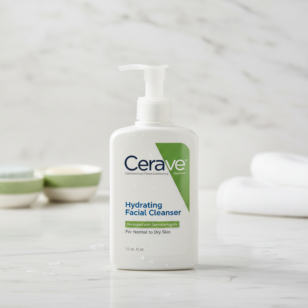 CeraVe skincare cleanser bottle on marble surface