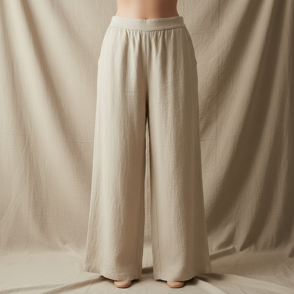 Beige linen wide-leg trousers on white background